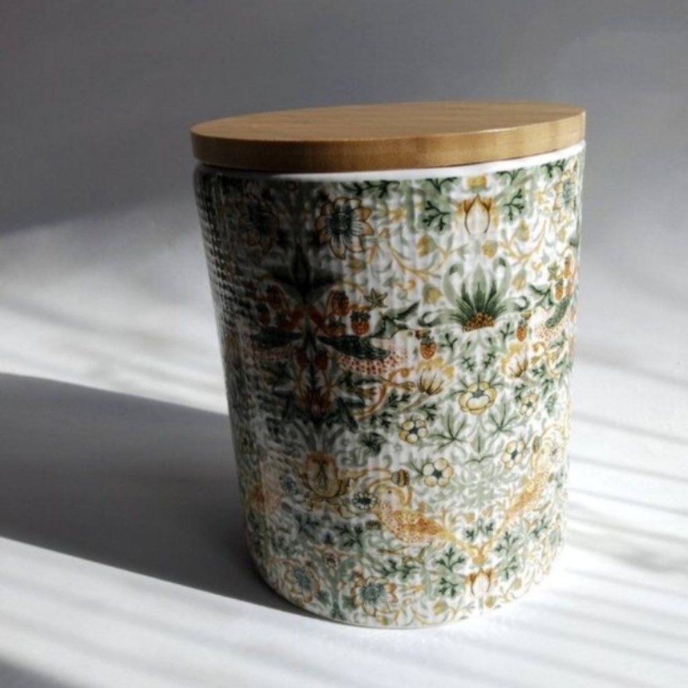 William Morris Strawberry Thief Ribbed Porcelain Storage Canister Jar